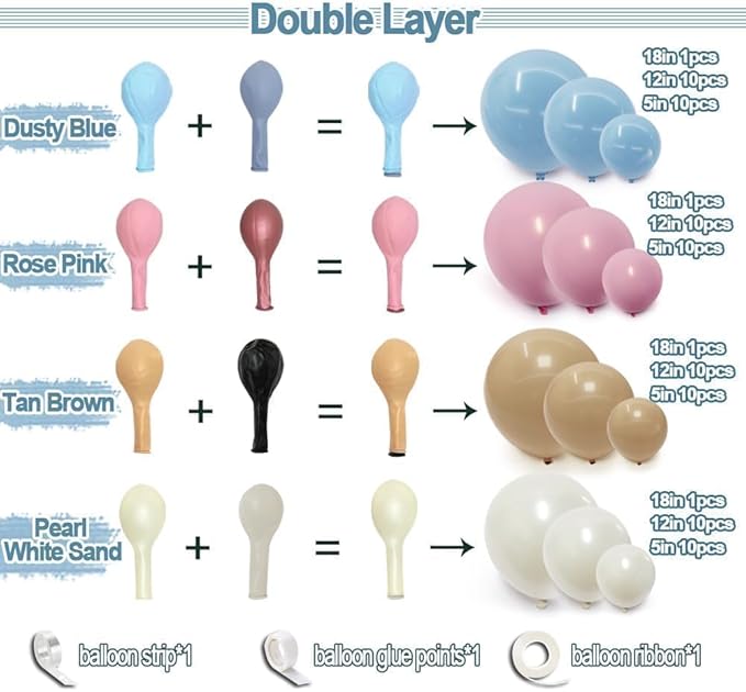 Dusty Rose Brown Balloon Garland Blue Pink Double Stuffed Tan White Sand Balloon Latex Pastel Arch Kit for Gender Reveal Baby Shower Birthday Bridal Shower Wedding Party Decorations