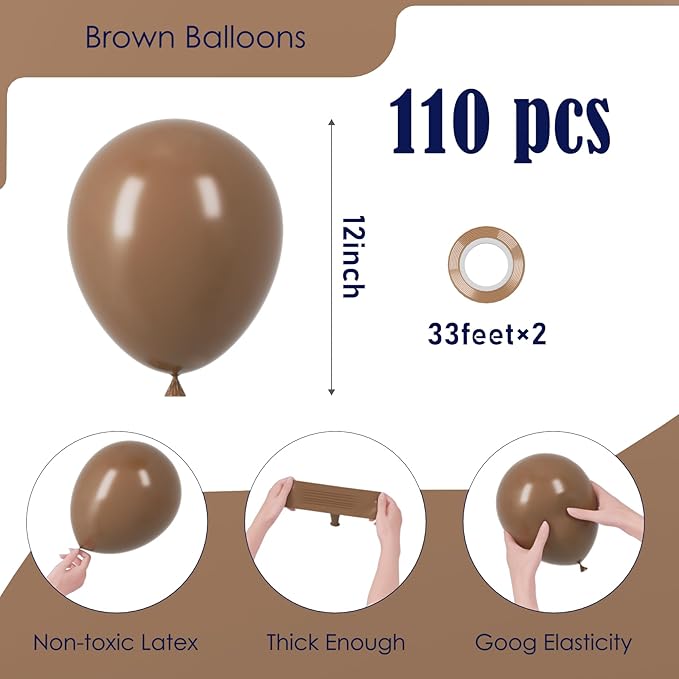 110pcs Brown Balloons 12inch Brown Latex Party Balloons for Graduation, Bear Themed Party, Wedding, Birthday, Bridal Shower, Baby Shower, Anniversary Party Decorations