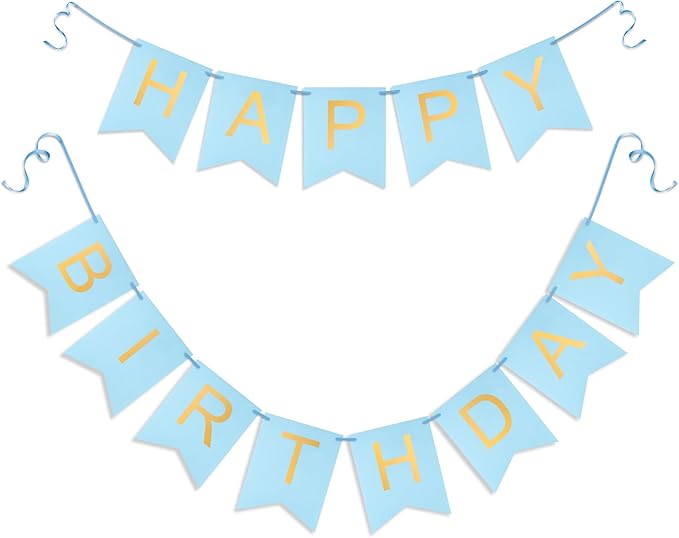 Blue Happy Birthday Banner - Light Blue Hanging Backdrop Sign with Gold Letters, Happy Birthday Sign Bunting Decorations for Women men Kids Baby Shower Party Supplies (13pcs)