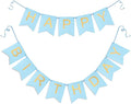 Blue Happy Birthday Banner - Light Blue Hanging Backdrop Sign with Gold Letters, Happy Birthday Sign Bunting Decorations for Women men Kids Baby Shower Party Supplies (13pcs)