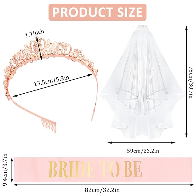 CIEHER Bachelorette Party Favors - White Veil, Bride to Be Sash & Crown for Bridal Shower Decoraions Wedding Party Gifts - Rose Gold Bridal Sash