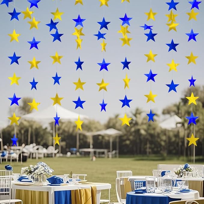 Blue Gold Shining Star Hanging Garland Blue Gold Hanging Sparkling Star Streamer Glitter Bunting Banner Twinkle Backdrop for Wedding Baby Shower Birthday Christmas Decorations 40 Feet