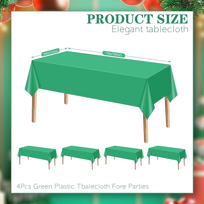 mwellewm 4 Packs Green Table Cloth, Plastic Table Cloth Christmas Tablecloth 54" × 72" Rectangle Disposable Tablecloths Waterproof Green Table Cover for St. Patrick's Party Holiday & Gathering Use