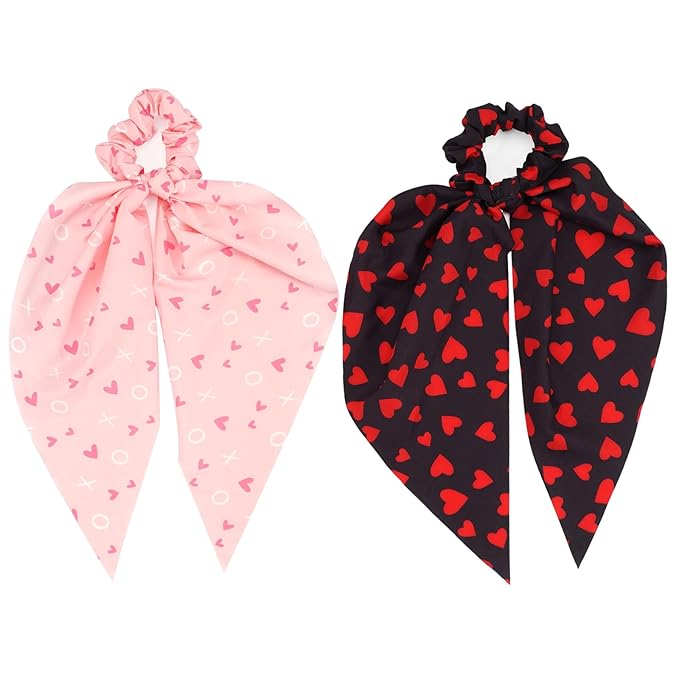 Valentines Hair Ties for Woman Girls Red Heart XOXO Ribbon Valentine's Day Hair Scrunchies Elastic Pink Love Hair Tie Party Supplies Hair Accessories 2PCS