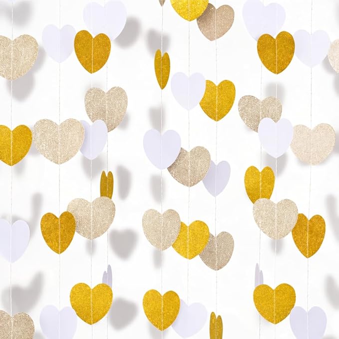 GCQQ White Champagne Gold Heart Garlands - 52Ft Glitter Gold Valentines Day Decorations Garland 4 Packs Paper Heart Hanging Streamers for Bridal Shower Valentine's Day Anniversary Wedding Decor