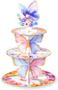 Butterfly Cupcake Stand,3 Tier Cupcake Tower,Butterfly Decorations with Floral Crown for Birthday Wedding Baby Shower Party Supplies Pink Purple Butterfly Dessert Cake Tower Stand