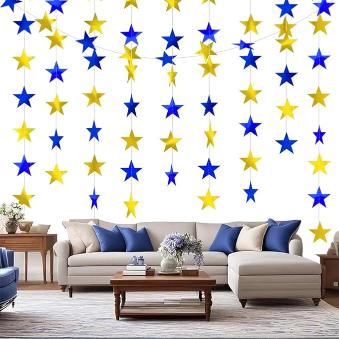 Blue Gold Shining Star Hanging Garland Blue Gold Hanging Sparkling Star Streamer Glitter Bunting Banner Twinkle Backdrop for Wedding Baby Shower Birthday Christmas Decorations 40 Feet