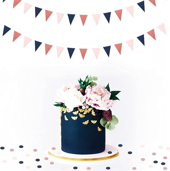 Navy-Blue Pink Rose-Gold Gender-Reveal Banner - 2 Pack Glitter Sprinkles Party Decorations Paper Pennant Triangle Flags, Bachelorette Engagement Wedding Birthday Baby Shower Bunting Lasting Surprise