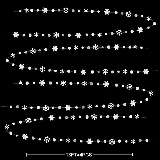 pinkblume 52Ft Winter Wonderland Party Decorations White Snowflake Garland Metallic Glitter Snowflakes Streamer for Winter Onderland Christmas Frozen Birthday Wedding Baby Bridal Shower Party Supplies