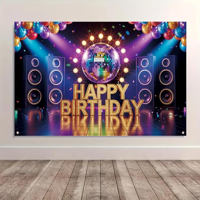 71x43 inch Birthday Party Porch Banner Large hanging decoration for indoor and outdoor use, made of reusable high-strength fabric with shiny letters and balloon design, suitable for terrace, deck, and backyard celebrations, easy to hang and store.