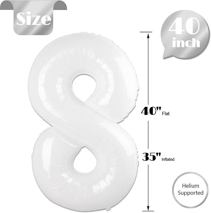 White Number 8 Balloon 40 Inch, 8 Balloon Number, 8th Birthday Decorations, White Party Supplies for Boys Girls