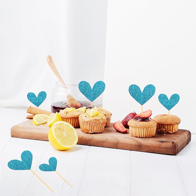 24Pcs Glitter Heart Cupcake Toppers for Valentine's Day Decorations, Mixed Size Double-Sided Heart Valentine's Day Cupcake Toppers for Wedding Bridal Shower Party Decorations (Blue)