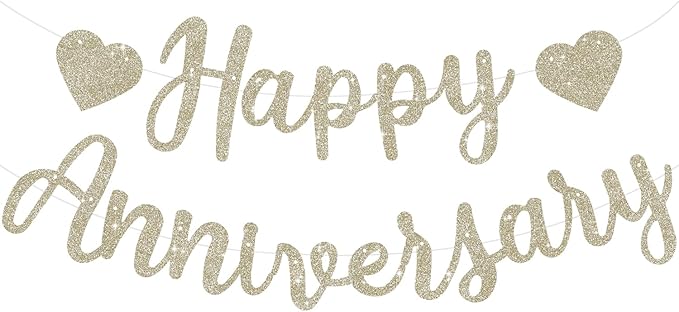BEISHIDA Champagne Gold Happy Anniversary Banner, Pre-Strung - Glitter Happy Anniversary Banner,NO DIY - Glitter Garland Sign for Wedding Engagement Party Decorations & Decor