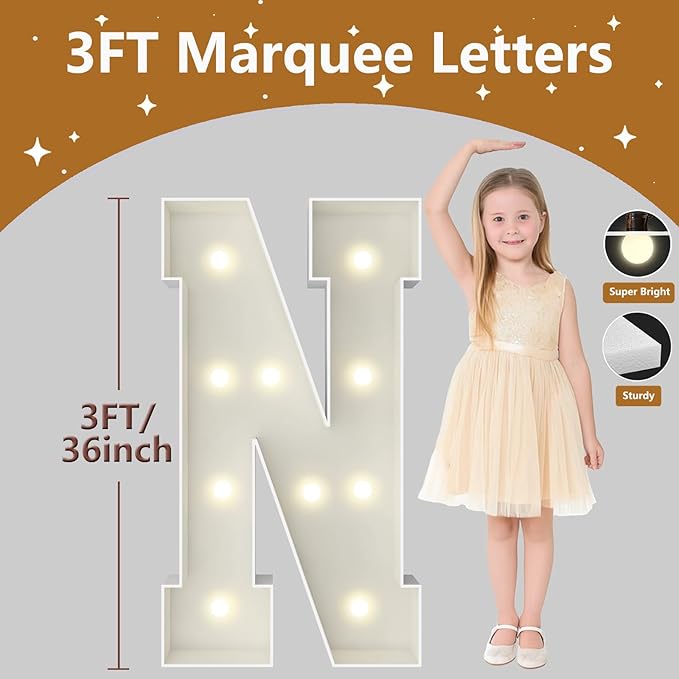 3FT Marquee Light Up Letters, Large Marquee Letters, Pre-cut Foam Board Letter N for Engagement Wedding Decorations Birthday Party Backdrop Decor, Balloon Arch Kit