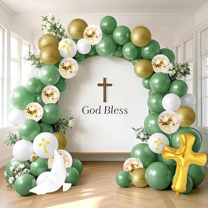 132Pcs First Holy Communion Green Balloon Garland Arch Kit God Bless Baptism Decoration Christian Religious Decor Cross Dove Balloon Girl Mi Bautizo Christening Birthday Baby Shower Party Supplie