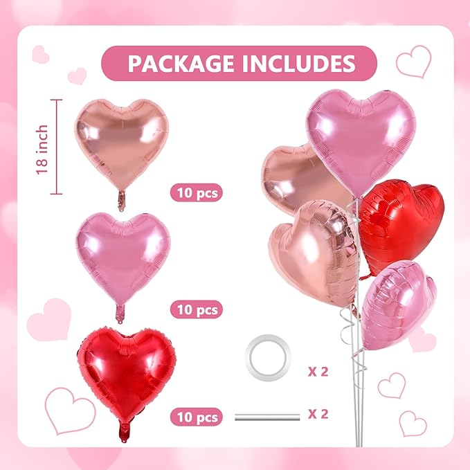 TONIFUL 30Pcs 18 Inch Rose Gold Red PInk Balloons Heart Shape Foil Mylar Banners Decoration for Birthday Valentine's Day Wedding Bridal Shower Anniversary Engagement Party Supplies