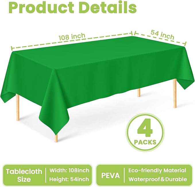 Mulbozy Green Plastic Table Cloth Disposable 4 Pack, 54 × 108 Inch Tablecloths Rectangle, Green Plastic Table Cover for Party Decor