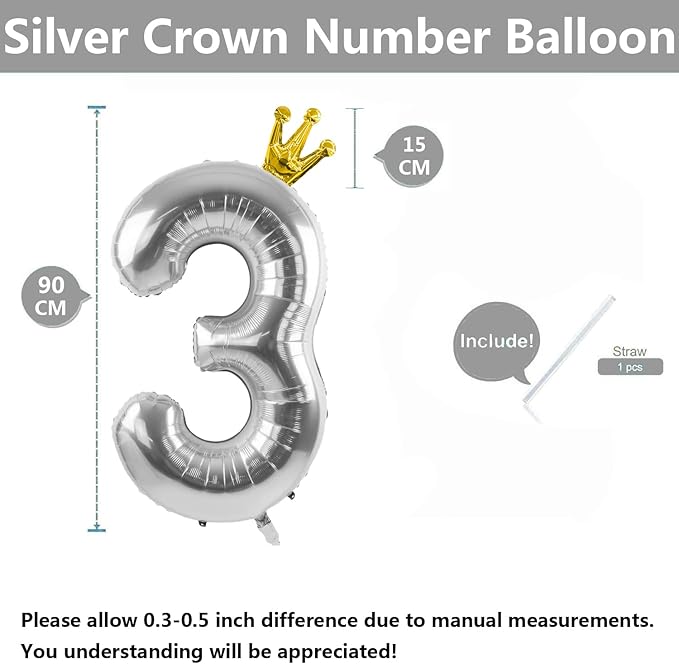Silver Number 3 Balloon with Crown, 40 inch Silver Number Balloon 3rd Birthday Party Decoration Silver Crown Balloons 0-9 for Birthday Party Anniversary Decorations Supplies