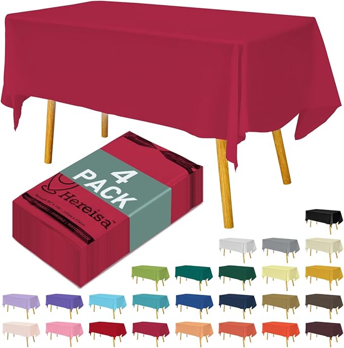 Disposable Plastic Tablecloth 54x108 Inch Rectangle - Red, 4 Pack Waterproof & Tear-Resistant Party Table Cover for Dining, Picnic, Crafts, Holiday Decor