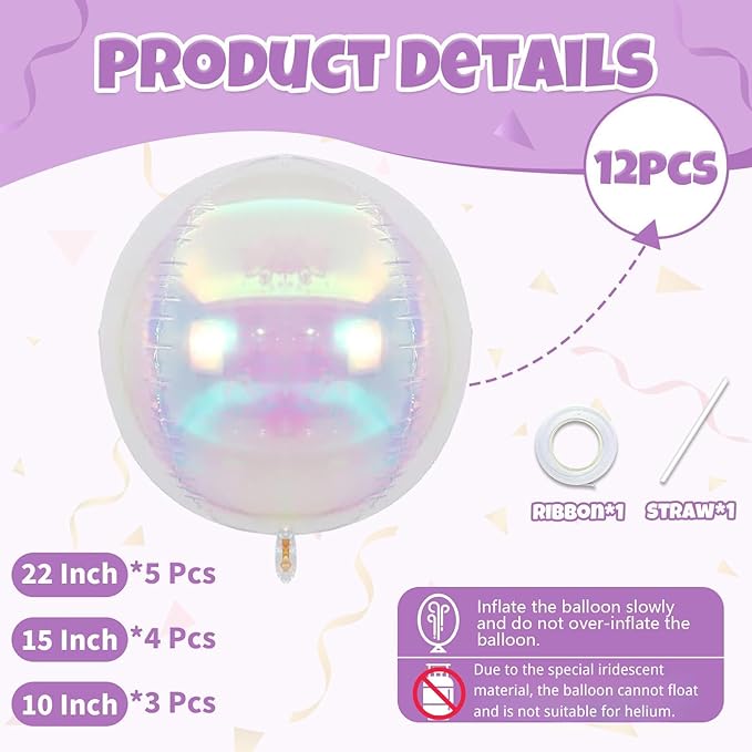 Biapian 12 Pcs Iridescent Foil Balloons, 22" 15" 10" 4D Clear Ball Shape Balloons, Different Size Holographic Balloons Transparent for Little Mermaid Birthday Wedding Sea Baby Shower Party decorations