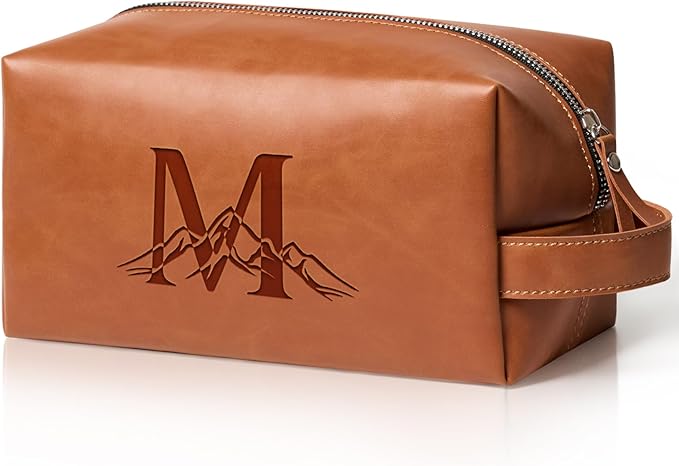 Personalized Gifts Travel Toiletry Bag for Men Engraved Initial PU Leather Waterproof Shaving Bag for Toiletries Accessories Fathers Day Birthday Gift for Men Dad Husband Son, Light Brown M
