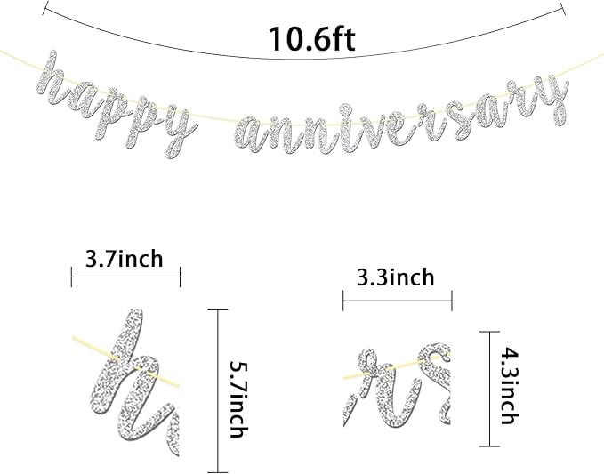 Silver Glitter Happy Anniversary Banner, Party Decorations for Wedding Anniversary Party