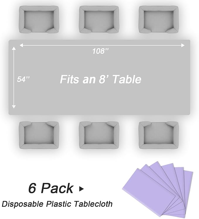 QIKSION Lavender Plastic Table Cloth Disposable 6 Pack, 54 x 108 Inch Tablecloths for Birthday Party Supplies, Easter Decorations, Light Purple, Pastel, Lilac Rectangle Table Cover