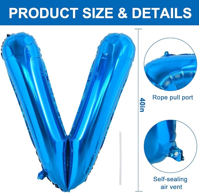 TONIFUL 40 Inch Large Blue Letter V Giant Alphabet Letter Balloons,Foil Mylar Big Balloons for 2026 Graduation Birthday Party Anniversary New Year Graduation Supplies Decorations