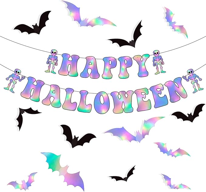 Halloween Iridescent Holographic Bats Party-Decorations Stickers Banner - 17pcs Neon Glitter 3d Paper Rooms Wall Decor,Hotel Transylvania Kids Happy Birthday Hanging Supplies Panduola