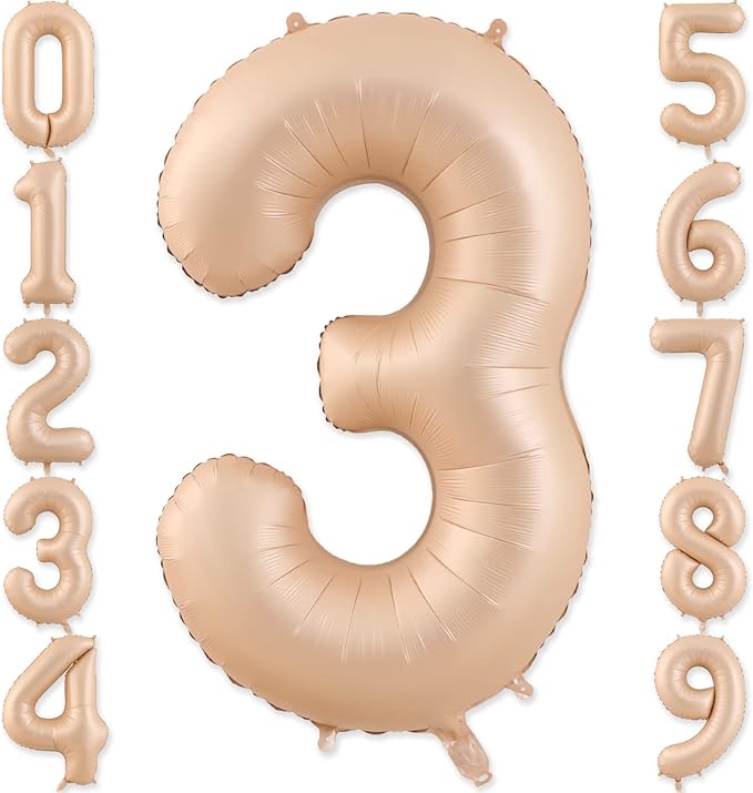 3 Balloon, Number 3 Balloon, 3 Balloon Number 40 Inch, Beige Large Big Foil Number Balloons for Birthday Party Graduation Wedding Anniversary Baby Shower Bachelorette Decoration Supplies