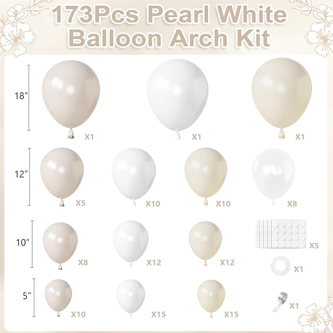 Amandir 173 Pcs Pearl White Balloon Arch Garland Kit, Double-Stuffed Pearl Ivory White Sand Clear Balloons for Wedding Bridal Shower Engagement Anniversary Birthday Party Decorations
