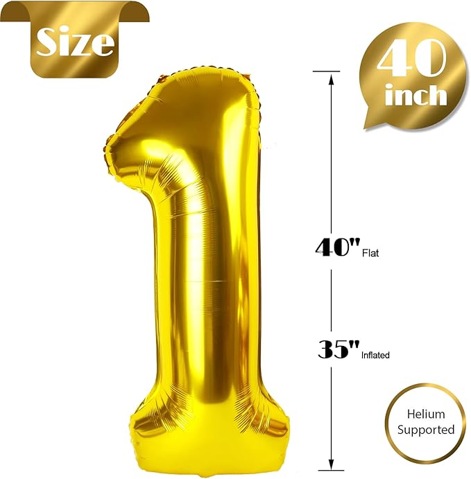Gold Number 1 Balloon for First Birthday 40 Inch, 1st One Number Balloons Birthday Decorations for Girl Boy Toddler Baby