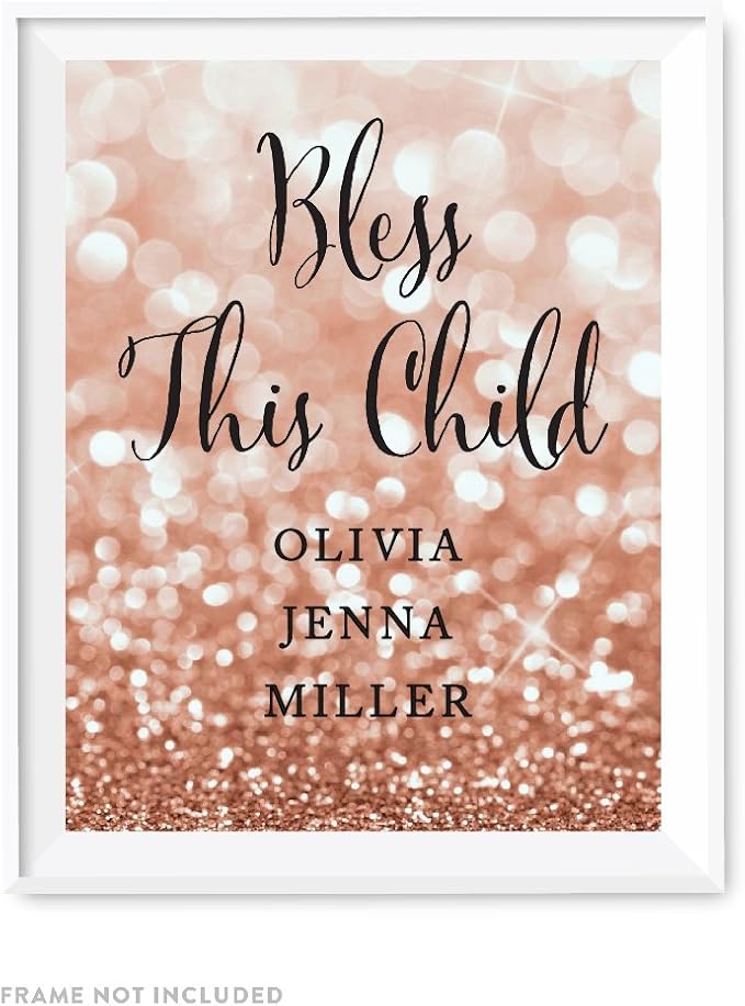 Andaz Press Personalized Baptism Party Signs, Glitzy Rose Gold Glitter, 8.5x11-inch, Bless This Child, Olivia Jenna Miller, 1-Pack, Bokeh Colored Party Supplies, Custom Name