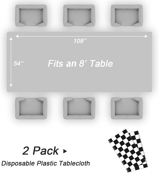 QIKSION Checkered Tablecloth Disposable 2 Pack, 54 x 108 Inch Black and White Checkered Flag Table Cloth for Race Car Decorations, Birthday Party Supplies, Rectangle, Plastic Table Cover