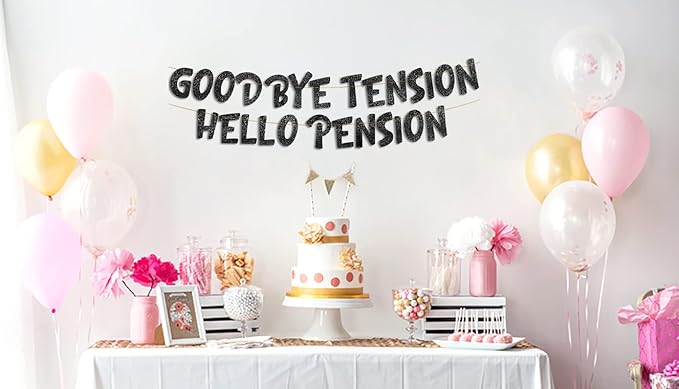 Pre-Strung Goodbye Tension Hello Pension Black Glitter Banner - Funny Retirement Decorations for Men and Women - Retirement Party Supplies and Gifts