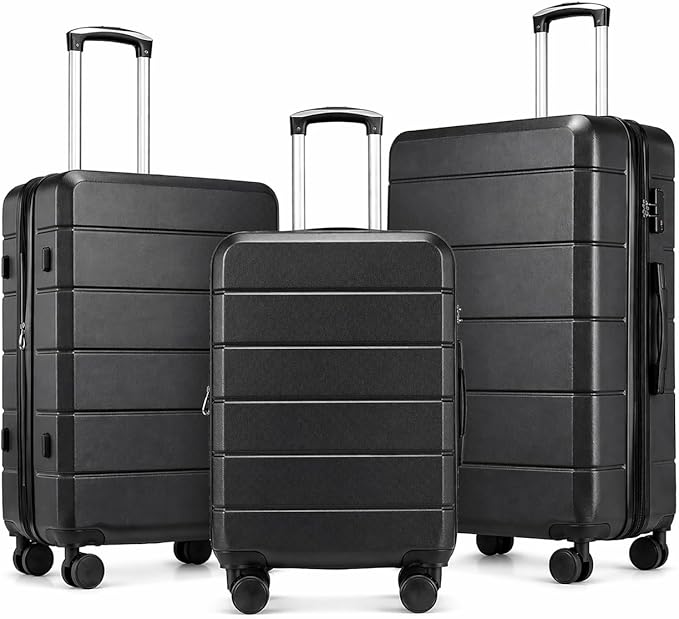 YOETEY Luggage Sets 3 Piece, Expandable Hardshell Suitcase with TSA Lock & Silent Spinner Wheels, Lightweight Hardside Travel Suitcase Set for International Trips (20/24/28 in, Black)