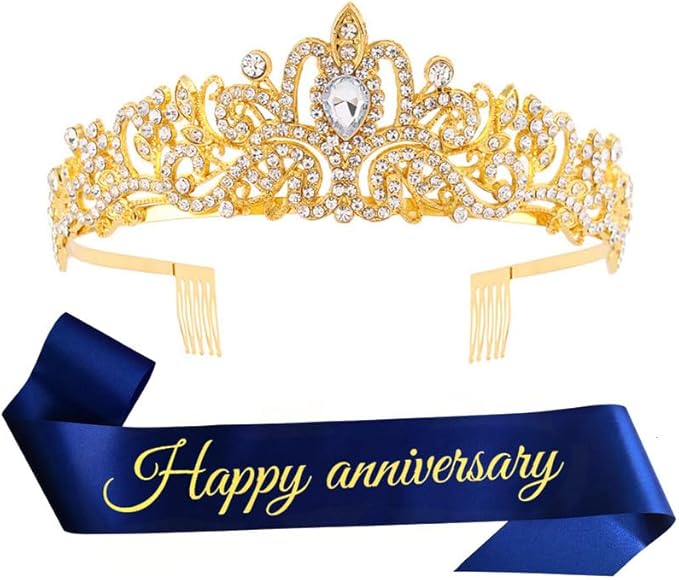 Happy Anniversary Party Supplies Kits Wedding Anniversary Gold Blue Crown and Sash Party Supplies Decorations Favors for Husband Wife