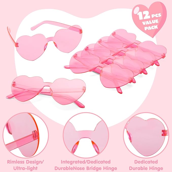 JOYIN 12 PCS Valentine's Day Pink Heart Shaped Sunglasses, Classroom Exchange Gift for Kids, Classroom Holiday Prizes, Sunglasses for Women and Girl
