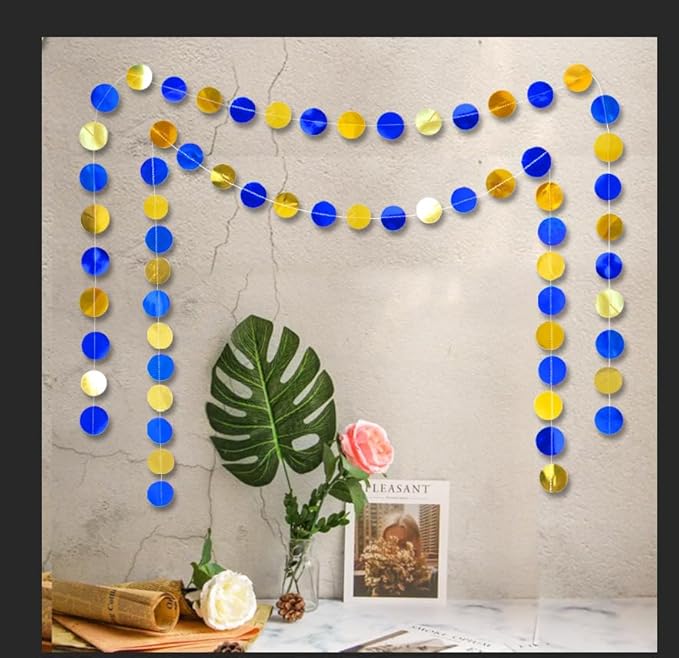 Shining Blue Gold Circle Dots Hanging Garland Sparkling Blue Gold Circle Dots Hanging Streamer Glitter Circle Bunting Banner Circle Dots Backdrop for Wedding Baby Shower Birthday Xmas Decor 40 Feet