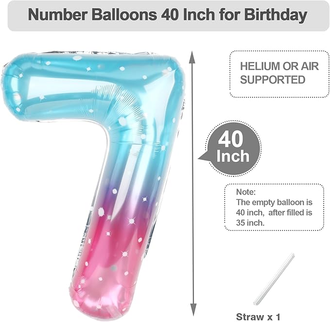 7 Balloons for Birthday Girl, 17th Birthday Decorations For boys And Girls, 40 Inch Pink Blue Purple Balloons for 7, 17, 27, 70 Birthday, Wedding Anniversary, Christmas, New Year Party Decoration