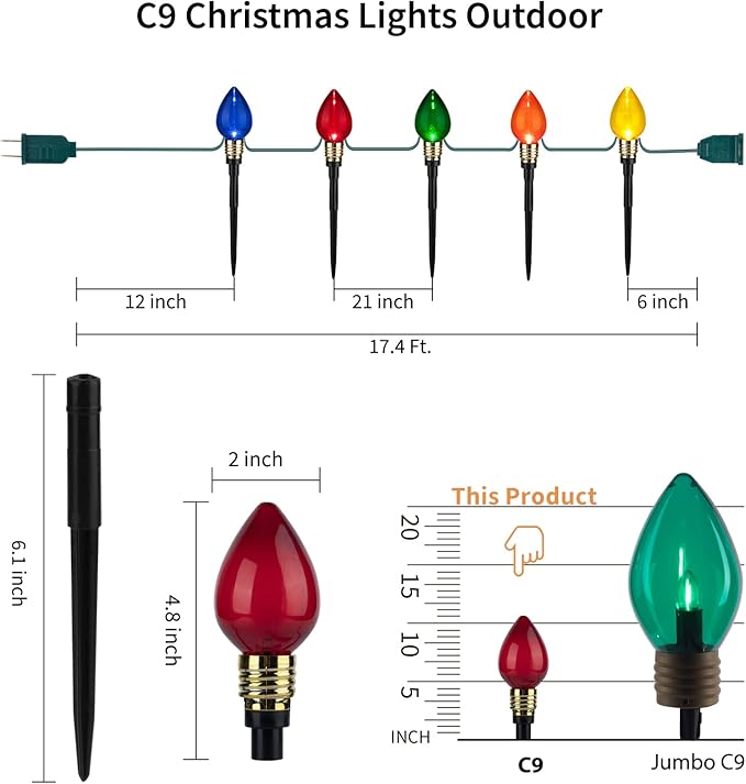 Brightown C9 Christmas Pathway Lights Outdoor-17.4 Ft 10 Lights C9 Walkway Lights Waterproof for Ground Sidewalk Driveway Yard Outdoor Christmas Decorations