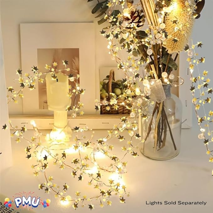 PMU 150 Ft Star Wire Shiny Garland Gold - Halloween, Christmas Party, Wedding, Birthday, Festive Home Decoration Ornament Gold (6pc-25Ft Each)