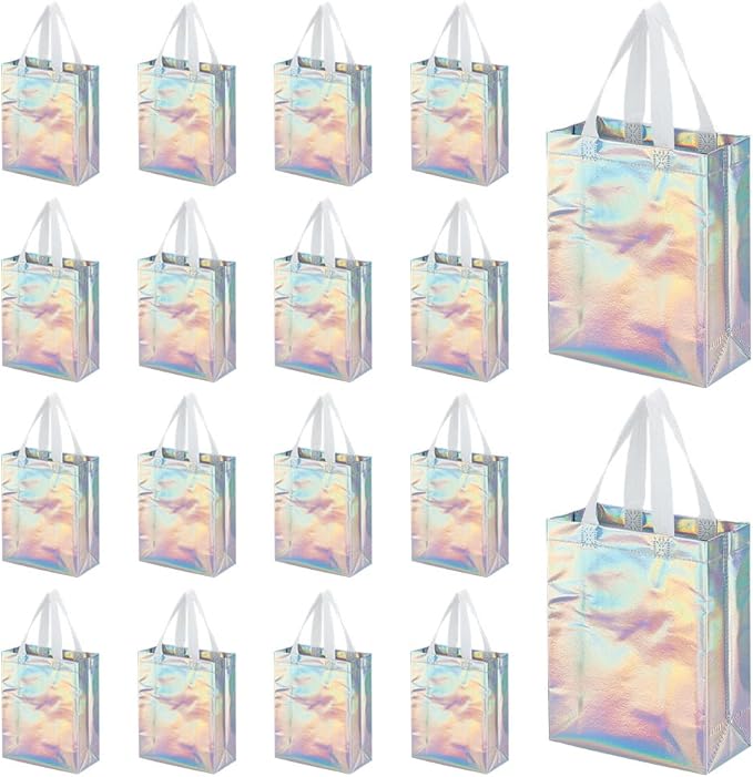 CUTHOLLOW 18 Pcs Iridescent Reusable Gift Bags with Handles for Party Favor, Bulk Non-woven Holographic Goodie Bags with Sturdy Base - Small Medium Christmas Birthday Wedding Gift Bags for Women Girl