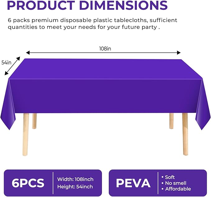 6 Pack Premium Disposable Plastic Tablecloth 54" x 108" Party Table Cloths Disposable for 6 to 8 Foot Tables Indoor or Outdoor Birthdays Weddings Christmas Anniversary Buffet Table (Dark purple)