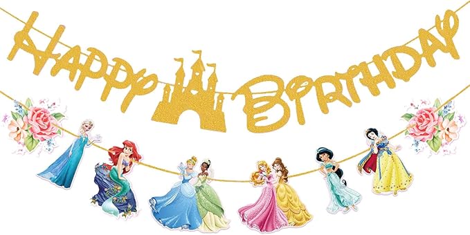 Gold Princess Birthday Banner for Girls, Princess Birthday Party Decoration For Girls Kids Party Baby Shower Decorations