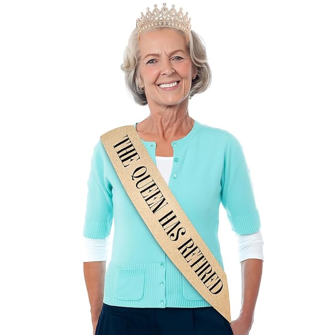 Retirement Tiara & Sash Set – “The Queen Has Retired” Crown & Sash for Parties, Events & Celebrations (Gold)