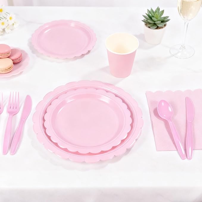 176 PCS Pink Party Decorations - Light Pink Scalloped Plates, Napkins, Cups, Cutlery, Tablecloth for Baby Shower, Wedding, Birthday Party Decorations, Serves 25