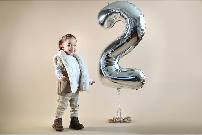 Silver Number 2 Balloon 40 Inch, 2 Balloon Number, 2nd Birthday Decorations for Baby Girls Boys Toddlers