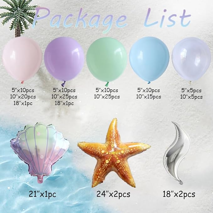 Mermaid Party Decorations 142pcs Macaron Pink and Purple Balloon Garland with Starfish Shell Fish Tail Foil Balloon for Summer Under the Sea Baby Shower Birthday Party Supplies