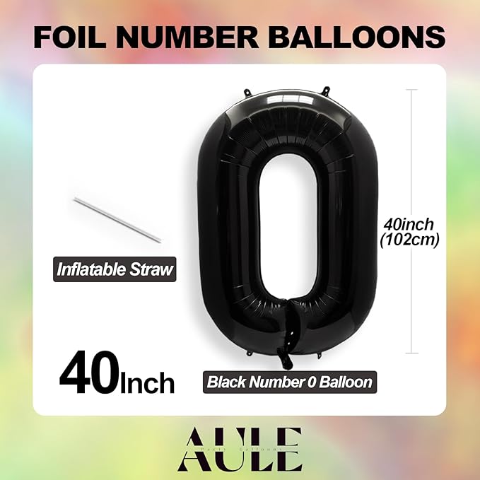 AULE 40 Inch Big Black 0 Balloon Number Large Foil Helium Number Balloons 0-9 Jumbo Giant Happy 0th Birthday Party Decorations for Boy or Girl Huge Mylar Anniversary Party Supplies
